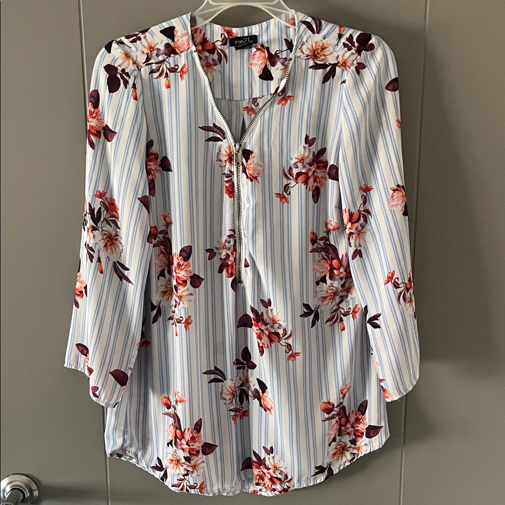 Rue21 Blue and Burgundy Floral Stripe Blouse